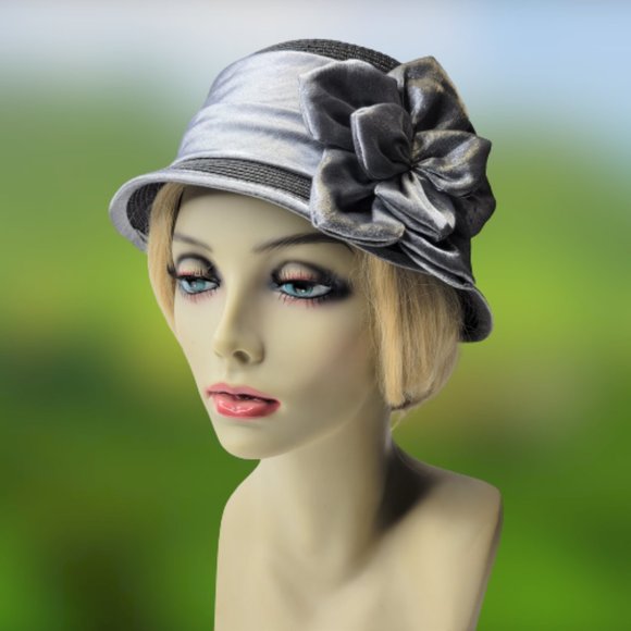 Grey Dress Hat Church Hat with Satin Flower Rosette One Size - Picture 2 of 15